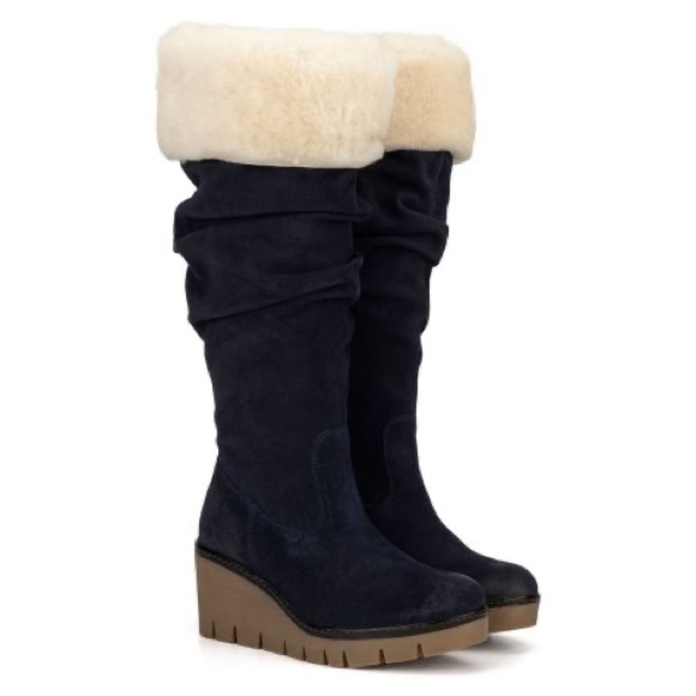 NEW Vintage Foundry Arabella Boot Navy Blue Size 6.5 Suede and Shearling